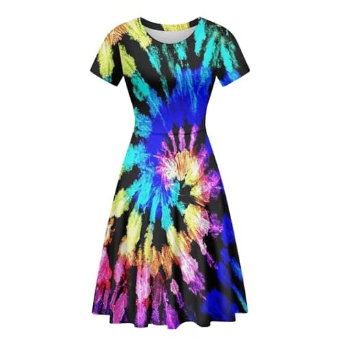 Allinterest Tie Dye Dress for Women Summer Short Sleeve Midi Dresses for Hawaiian Tropical Round Neck Casual A-Line Dress