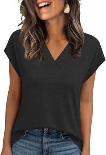 UPOLOLO Womens T Shirts Spring Casual Basic V Neck Cap Sleeve Basic Tunic Tops Summer Cute Trendy Soft Outfits Loose Fit Beach Vacation Clothes Fashion,Black,XL