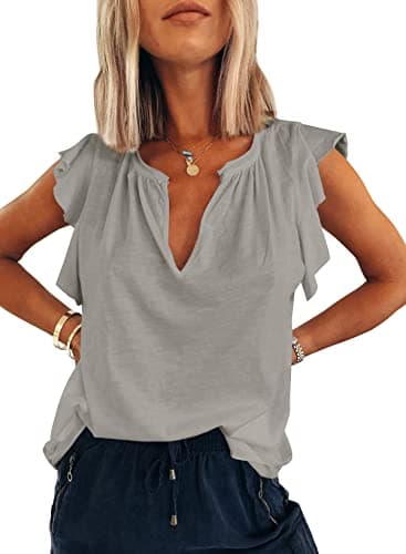 Dokotoo Tops for Women Trendy 2026 Summer Short Tank Tops for Leggings Fashion Spring Break Outfits Sleeveless Shirts V Neck Loose Fit Cute Tee Grey