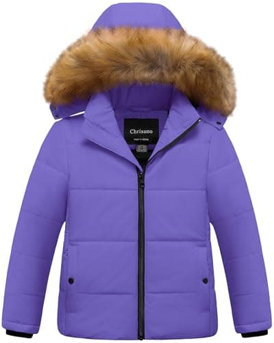 Chrisuno Winter Jacket For Girls Kids Puffer Coats Zip Up Windproof Parka Hooded Thickened Warm Coat Outerwear Purple 4-5