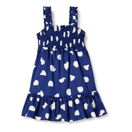 Amazon Essentials Girls' 100% Cotton Smocked Tank Dress, Navy Abstract Dot, Large