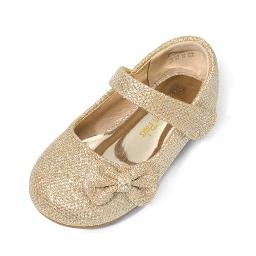 DREAM PAIRS Toddler Girls Dress Shoes Mary Jane Flats, Girls School Uniform Flats Bow Ballerina Shoes,Size 4 Toddler,Gold/Glitter,Angel-5