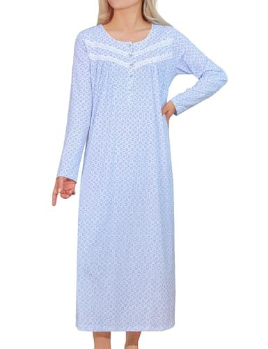 IZZY + TOBY Cotton Nightgowns for Women Long Sleeve Soft Long Warm Nightdress Kintted Night Gown Ladies Nightdress Sapphire Blue Diamond XL