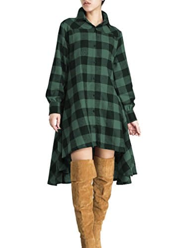 olrain Womens Plaids V Neck Long Sleeve Irregular Hem Casual Shirt Dress (Medium, Green)