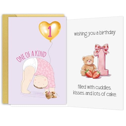 BINVASDS 1th Birthday Card for Girl, Birthday Gift Idea for 1 Year Old Daughter Granddaughter Niece, One of A Kind Bday Cards