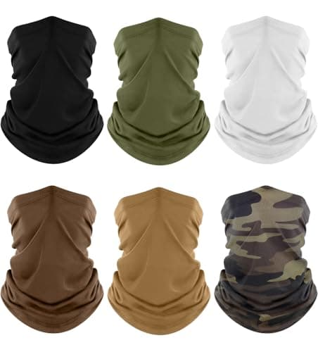 Fuinloth Neck Gaiter, 6 Pack Face Mask Bandana Fishing Cooling Sun Protection Scarf for Men Women Black+Green+Camo+Sand+Brown+White