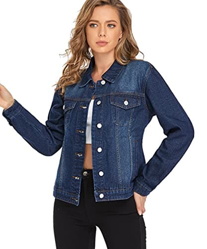 PEIQI Classic Jean Jackets for Women Basic Long Sleeve Button Downs Jean Jackets Dark Blue2XL