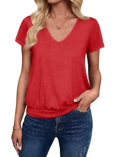Sialois Womens Clothes V Neck Banded Bottom Shirt Short Sleeve Blouses Trendy Dressy Cute Basic Work Tees Fashion Trendy Tops Beach Vacation Outfits 2026 Spring Summer Holiday Tunic 2026,Red,L
