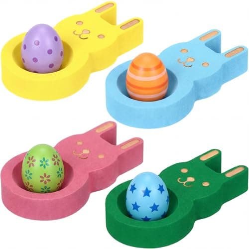 Ferrochef 4 Pcs Easter Bunny Egg Holders, Cute Wooden Easter Egg Cups for Table Decor, 2 x 3 Inches Bunny Soft Boiled Eggs Cup Rabbit Display Stand for Spring Party Decor, Pink Blue Yellow Green