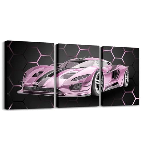 Feelyou Race Car Canvas Wall Art Honeycomb Speed Sports Car Office Wall Artwork Posters Pink Extreme Sports Bathroom Wall Art for Home Decor 12"x16" 3 Piece Hexagon Theme Wall Painting