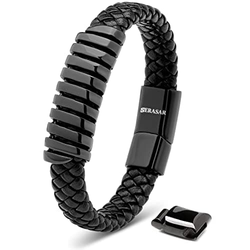 SERASAR Leather Men Bracelet Black Steel Genuine Wrist Band Regalo 7 inch