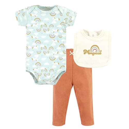 Hudson Baby Unisex Baby Cotton Bodysuit, Pant and Bib Set, Magical Rainbow, Newborn