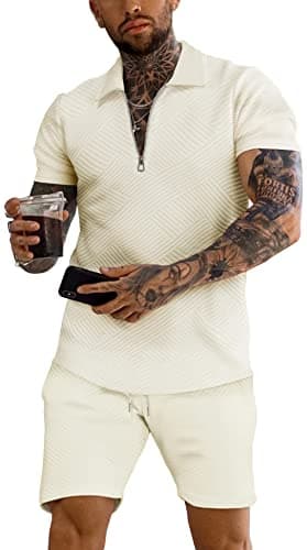 URRU Men's Polo Shirt and Shorts Set Summer Outfits Fashion Casual Short Sleeve Polo Suit for Men 2 Piece Short Set Beige XL