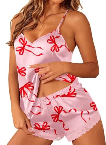 Ekouaer Lingerie for Women Sexy Satin Silk Pajama Sets Lace Cami Short Pj