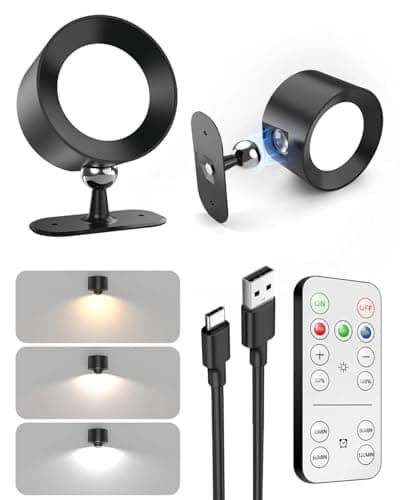 NetCan LED Wall Lights 360° Rotation Dimmable, 3000mAh Rechargeable Cordless Wall Sconces Light, 3 Color Temps & Remote and Touch, Adhesive Wall Sconce for Study Bedroom Reading Bedside 1 Pack, Black