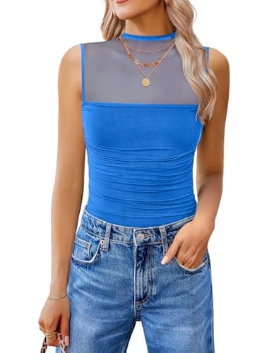Avidlove Bodysuit for Women Mock Neck Mesh Body Suits Sheer Ruched One Piece Tank Going Out Tops Date Outfits