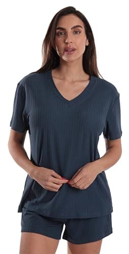 Just Love Women's Pajama Short Set, Stretch Jersey V-Neck Sleepwear with Elastic Waist Shorts - Navy, Small