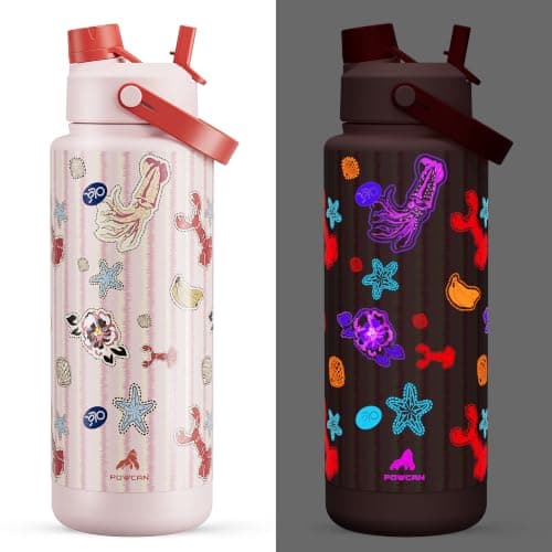 POWCAN 40 oz Insulated Water Bottle with 2-in-1 Straw and Spout Lid, Glow-in-the-Dark, 24H Cold, Leakproof, BPA-Free, Double Wall Stainless Steel for Sports, Gym, Travel, and School (Reef Carnival)