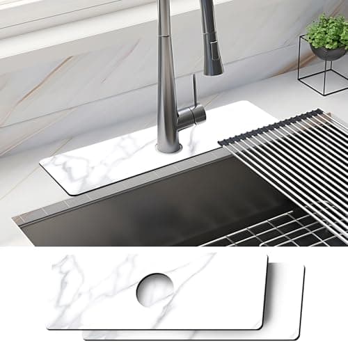 ANNA QUEEN Faucet Mat 2 Pack – 15x5.5 Inch White Marble Absorbent Sink Splash Guard – Non-Slip Faucet Drip Mat for Kitchen Counter, Elegant Decor