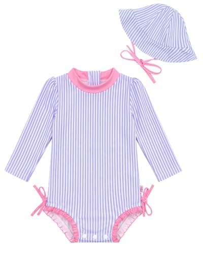 ALVABABY Girls' Long Sleeve Zipper One Piece Swimsuit with Hat, Girls' Rash Guard Sets,Bathing Suit for Outdoor Activities ST-EF01-6-12M