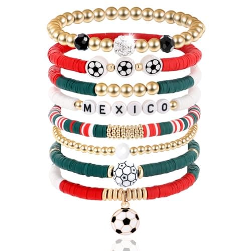 FBBP Mexico Bracelets for Women, Soccer Stackable Stretch Bracelets, Game Day Outfit Soccer Fan Accessories, Holiday Birthday Sports Gifts for Women Men Friends Family Adults