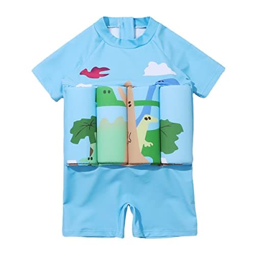 Toddler Swimsuit Short Sleeve One-Piece Swim Vest Baby Swimwear for Girls Boys Bathing Suit Light Blue - Pterosaur 2-3T