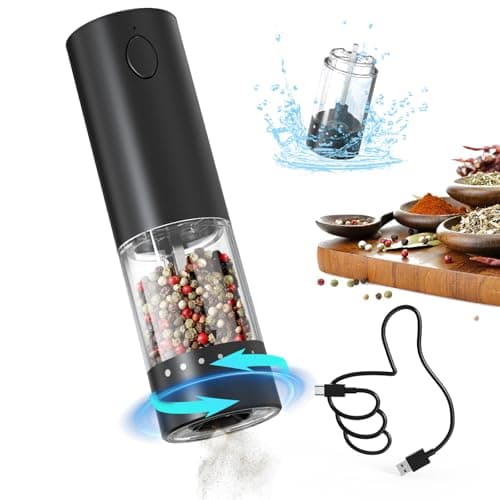 CIRCLE JOY Rechargeable Electric Pepper Grinder, Salt Grinder Pepper Mill with Washable 95ml Container, White LED Light and External Adjustable Coarseness, Black