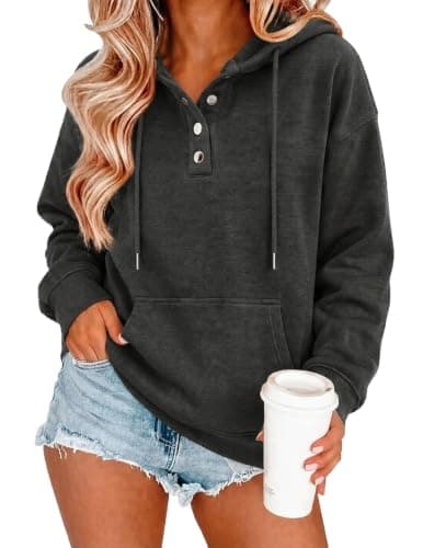 Zeagoo Sweatshirt for Women Casual Soft Hoodie Long Sleeve Button Pullover Fall Winter 2026 Clothing with Pockets Dark Grey L