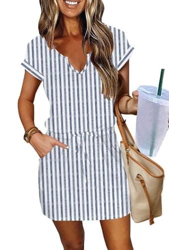 SAUKOLE Summer Dresses for Women 2026 Casual Loose V Neck Dress Trendy Drawstring Waist Sundresses with Pockets