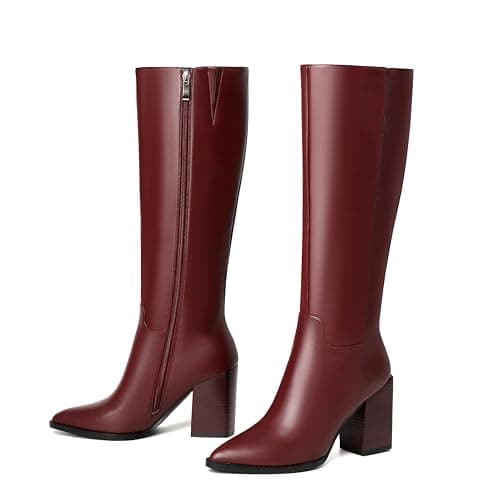 vivianly Women's Knee-High Boots, Chunky Heel Pointed Toe Tall Boots