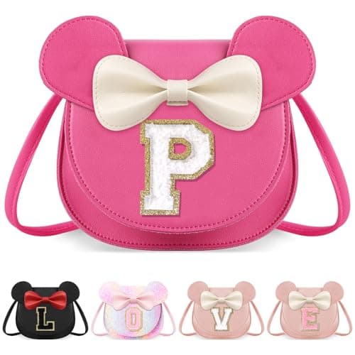 Toddler Purse Little Girl Purse for Kids 1 2 3 4 5 6 7 8 Year Old Birthday Gift,Cute Rose Mouse Ear Bow Purse Wallet Crossbody Shoulder Bag,Personalized Initial Glitter Letter Coin Purse(Large,Rose P)
