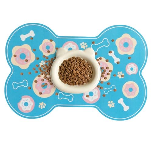 TORJOY Dog Food Mat, 0.15” Thickened Super Absorbent Pet Feeding Mat for Food and Water, Fruit Donut Pattern Cat Placemat, Quick Dry Non-Slip Dog Bowl Mat, Water Splash Proof（Small Donut Blue）
