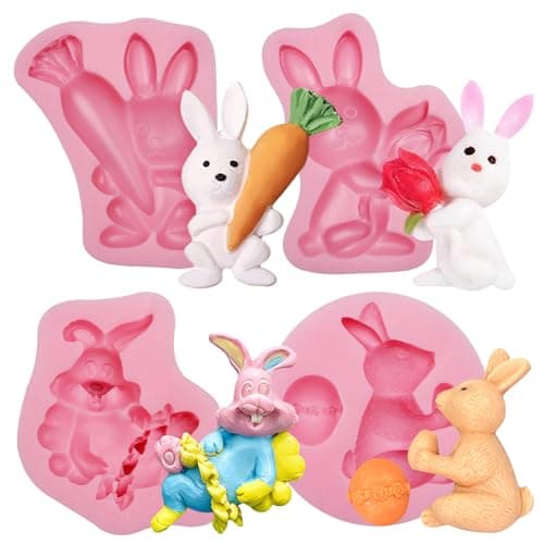 Xcake Lcook Easter Bunny Carrot Silicone Molds, Pink 3D Rabbit Chocolate Fondant Mold, for Baking Soap Making Tools Cake Decoration, 4 Piece Set