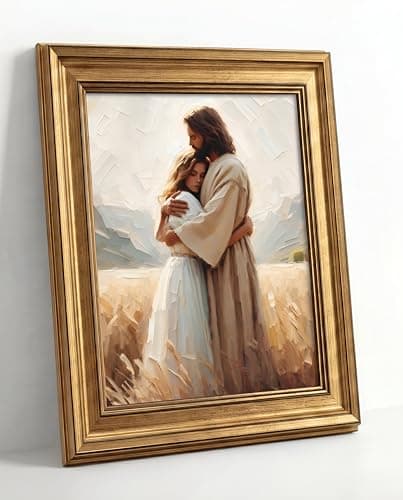 FTQYQLD Vintage Gold Framed Jesus Hugging Woman Wall Art, 12x16in