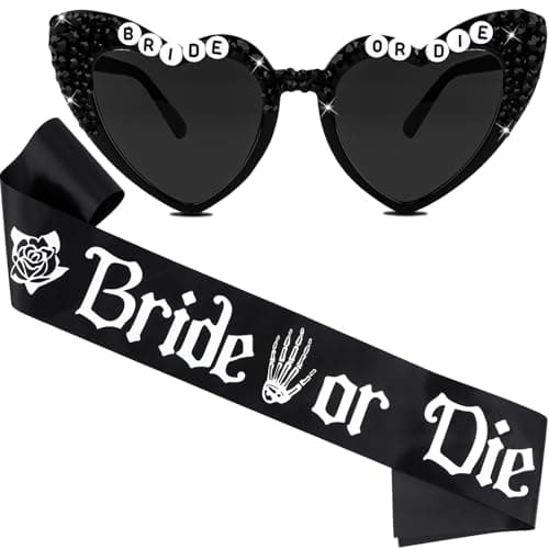 KICOSY Black Gothic Bride or Die Sunglasses & Sash Set for Bachelorette Party, Gothic Weddings, Halloween Costumes & Dark-Themed Celebrations