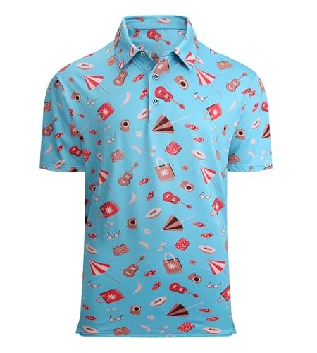 Mens Hawaiian Golf Shirt Moisture Wicking Print Polo,Blue Guita,XL