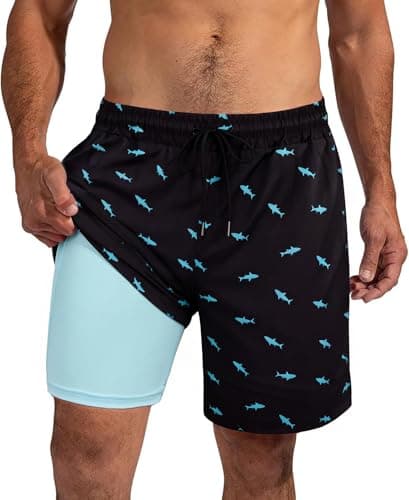 XiaoMoSha Men's Swim Trunks with Compression Liner 7 Inch Lightweight Hawaii Palm Print Bathing Suits with Pockets Beach Shorts Quick Dry Sports Summer Swimwear for Men Pool Outfits Leaf Blue 2XL