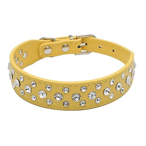 Pimaodog Rhinestone Dog Collar, Bling Rhinestone PU Leather Crystal Diamond Pet Dog Cat Puppy Collar Black S M L XL (L:30-36CM, Yellow)