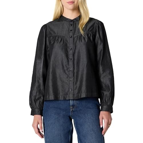 Amazon Essentials Women's Relaxed-Fit Denim Chambray Long-Sleeve Button-Front Blouse, Black Wash, XX-Large