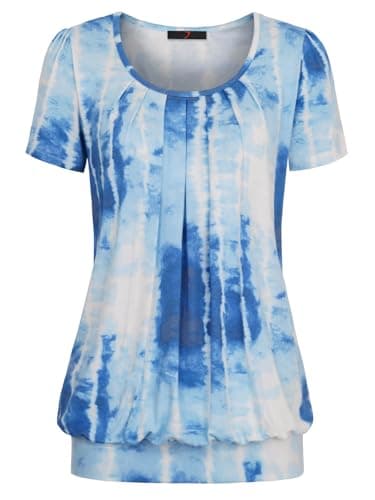 DJT Women's Summer Tops Short Sleeve Pleated Front Dressy Casual Loose Blouse T Shirts XX-Large Blue Tie-dye Print