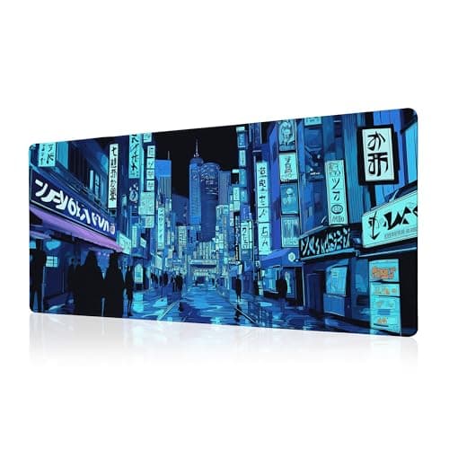 Dark Blue Japanese Gaming Mouse Pad Abstract Anime Mat 31.5x11.8 Inch Tokyo Pixel Street Texture Non-Slip Rubber Base Kawaii Mousepad Stitched Edges Keyboard Desk Pad for Office and Home Game