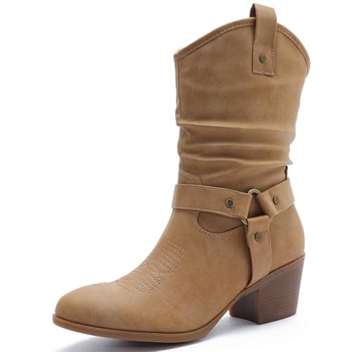 GLOBALWIN Women's Khaki Mid Calf Cowgirl Boots Fashion Western Cowboy Boots for Women Chunky Low Heel With Side Zipper Size 7M