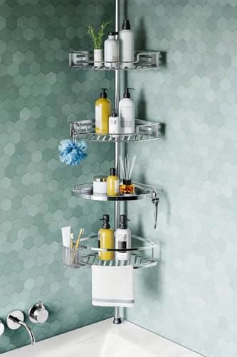 HAMITOR Corner Shower Caddy Tension Pole: Quick Installation 4-Tier Rustproof Bathroom Organizer Shelves for Bathtub Shampoo Storage - 47-121 inch Adjustable Floor Standing Bath Rack Holder - Silver