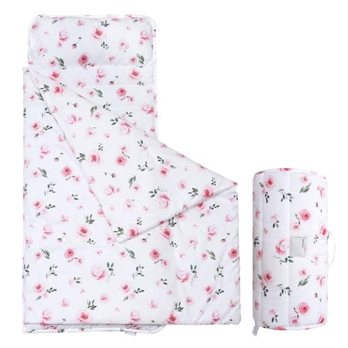 david's kids Toddler Nap Mat Set with Removable Pillow, Ultra Soft Slumber Bags for Girls，Perfect for Preschool, Daycare, Kids Sleeping Bags with Rollup Design, 50"x20", Floral