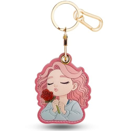 Leather Keychain Holder Case for Airtag,Cute Protective Keychain Cover Compatible with AirTag,Anti-Scratch GPS Case for Keys(Rose Woman Pink)