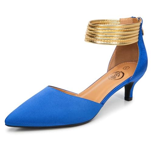 Trary Blue Heels Pumps Shoes Women Closed Pointed Toe Kitten Heels Comfortable Ankle Strap Pumps Party Satin Dress Shoes, Size 7