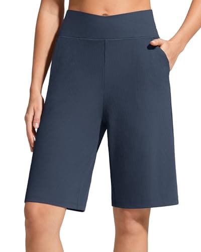 G4Free Womens Workout ShortsWide Leg Crossover Waist 10" Trendy Dress Shorts with Pockets Stretchy for Work (Dark Navy,L)