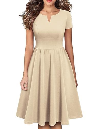 YATHON Women's Vintage Pleated Flared Swing A-Line Casual Party Work Dresses (YT028-Apricot,M)