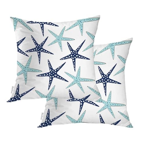 BaoNews Sky Blue Nautical Starfish Throw Pillow Covers,Beachy Coastal White Navy Sea Star Cushion Cover Digital Blended Hidden Zipperl Decorative Pillowcases for Hair Skin Square 18X18 in 2 Pcs