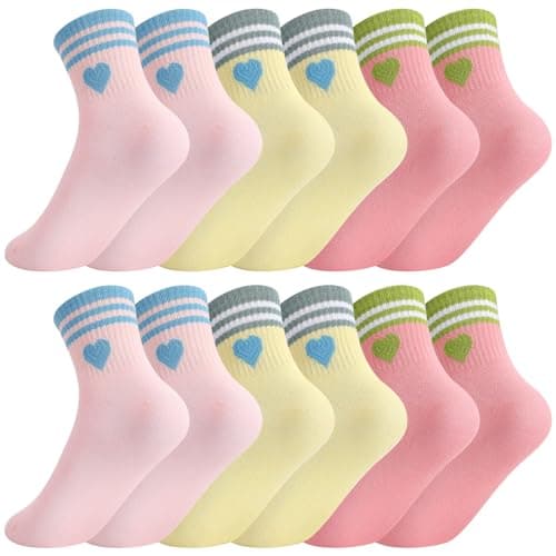 Jspupifip 6 Pairs Kids Girls Pink Red Yellow Crew Athletic Socks with Retro Stripes Hearts for Running Sport Outdoor 10-14